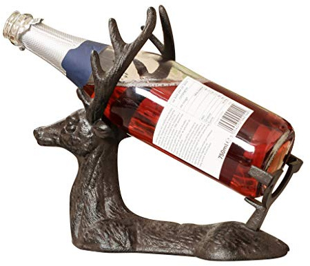 Dibor Bottle Holder Cast Iron Freestanding Stag Deer Wine Storage Rack | Wine Bottle Storage, Recycled Metal, Antique Brown, Tabletop, Bottle Caddy, Wine Rack