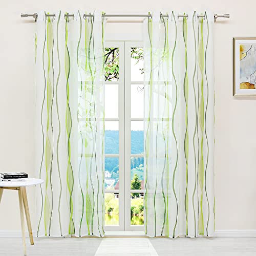 ESLIR Gardinen mit Ösen Vorhänge Gardinenschals Transparent Schlaufenschal Wellen Muster Voile Grün BxH 140x225cm 1 Stück