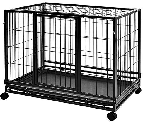 Amazon Basics strapazierfähige, stapelbare Box für Haustiere, mit Rädern und Ausziehtablett, Schwarz, L 94 x B 61 x H 71 cm