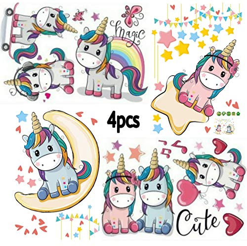 Kibi 4PCS Einhorn Wandtattoo Einhorn mit Sternen Bunt Einhörner Wandtattoo Babyzimmer Wandsticker Einhorn Mädchen Entfernbarer Wandaufkleber Einhorn Kinderzimmer Schlafzimmer Wanddekoration