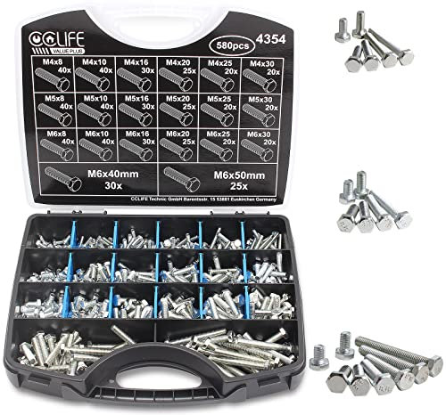 CCLIFE 580tlg Sechskantschrauben Set M4 M5 M6, 8-50mm, DIN 933 Verzinkt Sechskant Schrauben Vollgewinde