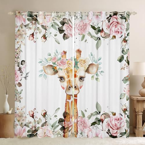 Cute Giraffe Curtains Pink Rose Blackout Curtains 84Wx63L Girls Kids,Cartoon Animal Window Curtains Living Room Floral Flower Window Treatments,Wildlife Giraffe Skin Window Drapes Botanical Curtains
