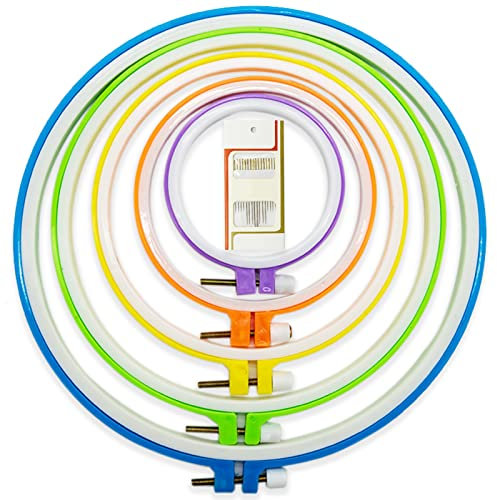 LAMXD 5 Größen,stickrahmen Kunststoff, buntes rundes Stickrahmen-Set,Embroidery Hoop,Kunststoff, Kreis, Kreuzstich, Ringe zum Basteln, Nähen, inklusive 16 Stück Nähnadeln mit goldenem Öhr