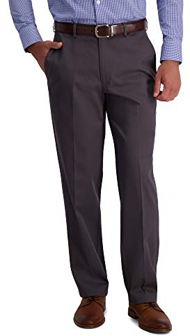 Haggar Pantalon sans Fer de qualité supérieure, Droite, Coupe Plate, Taille Flexible, Kaki décontracté, Gris foncé, 52W x 30L Homme