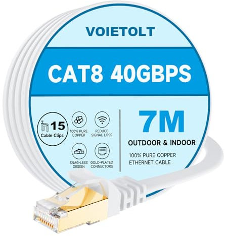 VOIETOLT Cat8 Lan Kabel 7M mit Clips, 40Gbps/2000MHz Flach Schirmung Hochgeschwindigkeit Netzwerkkabel, STP RJ45 Gigabit Cat-8 Ethernet Kabel für PS4/5, für Modem, für Router (weiß)
