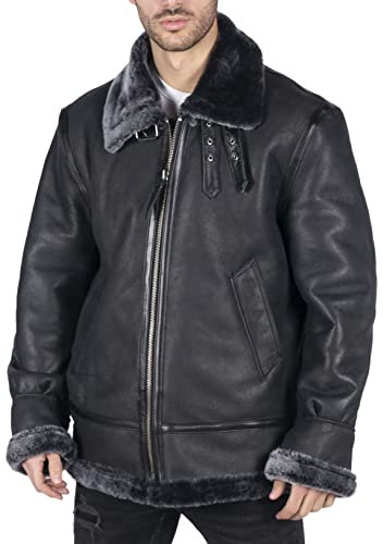 TruClothing.com Herren Lederjacke Echtes Schafsleder Jacke Schaffell Mantel B3 Flying Aviator Schwarz Grau Fell - schwarz M
