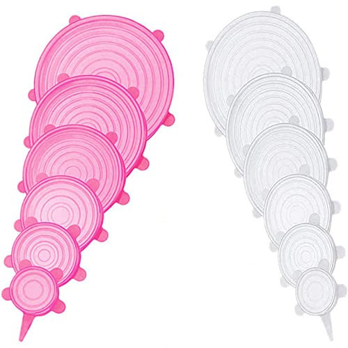 12 pcs Silicone Stretch lids set, 6 Sizes, Reusable Food Storage Covers ，Silicone Bowl Covers，Flexible to Fit All Shape of Containers，Food Cover to Keep Food Fresh (pink,white)