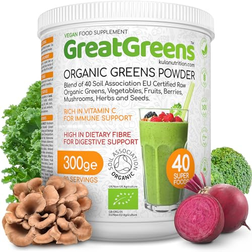 GreatGreens - Organic Greens Powder - Large 300g Blend 40 Raw Superfoods - Greens, Vegetables, Super Fruits, Berries, Sprouts and Mushrooms - High Fibre Vegan Daily Juice Smoothie Drink - 30 Servings