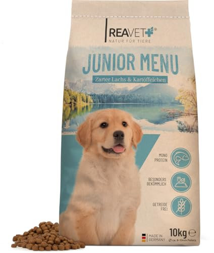 ReaVET Hundefutter Trocken - Junior Menü mit Lachs 10kg, Getreidefrei, Hundetrockenfutter Junior bis zum 18 Monat, Gesundes Trockenfutter Junior Hund, Hoher Fleischanteil, Für alle Hunderassen