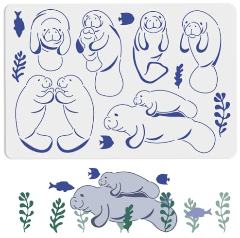 MAYJOYDIY Manatee Seekuh Schablone 60×40cm Ozean Kreaturen Malschablonen Fisch Seetang Muster Wiederverwendbare Meerestier Vorlage Zum Malen Für Holz Leinwand Papier Stoff Wanddekorationen