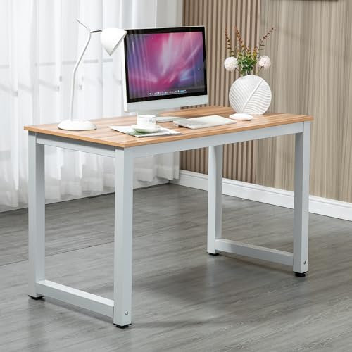 Thanaddo Computertisch, Schreibtisch 120 x 74 x 60 cm, PC Tisch Bürotisch im Industriestil Metallgestell（Weiß/Walnuss）