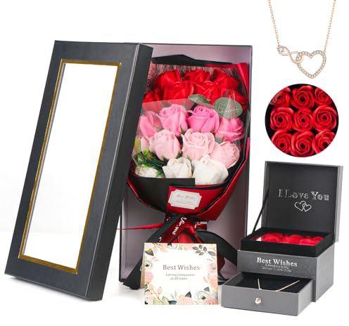 MROUEN Rose Bouquet Rosas Eternas Preserved Rose Bouquet 18 Flower Bouquet with Beautiful Love Necklace, Unique Gift for Birthday, Valentine's Day, Mother's Day, Thanksgiving, Christmas, Anniversary