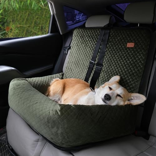 RUYICZB Hundesitz Auto Rückbank, Hunde Autositz, Waschbarer Sitzerhöhung Für Kleine Und Mittelgroße Haustiere, Haustier Reisebett rutschfeste Hundedecke Mit Sicherheitsgurt,Grün
