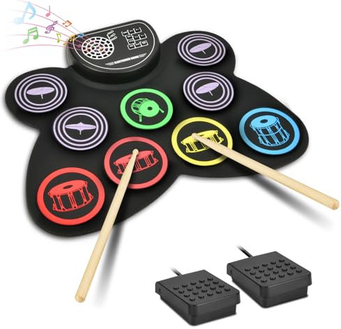 OFFCUP Elektrisches Schlagzeug, Roll Up Drum Kit mit 9 Drum Pads, Faltbares elektronisches schlagzeug mit 3.5mm Kopfhöreranschluss, Lautsprecher, Holzstäbe und Pedale mit Anfänger und Kinder