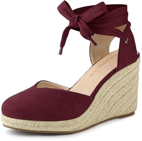 Allegra K Alpargatas de punta cerrada para mujer, sandalias de cuña con cordones, Burgundy, 39.5 EU
