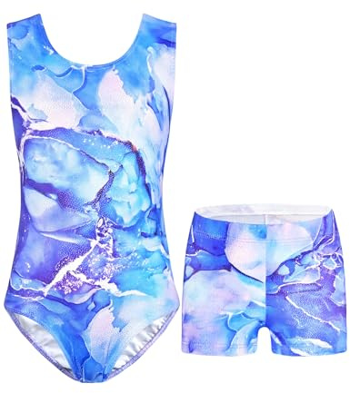 Nymphperi Gymnastics Leotards for Girls Size 7-8 Years Old 2 Piece Shiny Purple Orchid Bodysuits with Classic Shorts