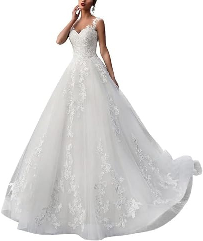 SEVENYXX Damen Prinzessin Brautkleid A-Linie Spitze Dünne Gaze Brautmode, Weiß, 46