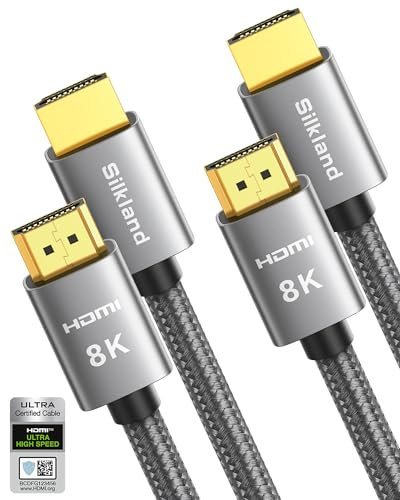 Silkland Câble HDMI 2.1 8K 1m, Lot de 2 Certifié Câble HDMI® eARC pour barre de son 48Gbps, 4K@120Hz, 2K@240Hz/144Hz, 8K@Hz, HDR10, Dolby Atmos, HDCP 2.3 pour PS5, Fire TV, HDTV, ordinateur portable