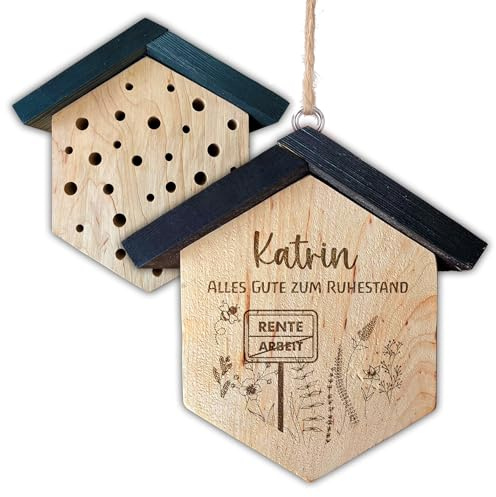 Insektenhotel zum Ruhestand mit Name personalisiert | Bienenhotel aus Holz für Wildbienen | Geschenkidee zum Abschied zur Rente für Männer & Frauen | Garten & Balkon