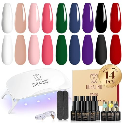 ROSALIND Gelnägel Starterset 14 Stück Gel Nagellack mit UV Lampe Schwarz Weiß Rot Nude Rosa Gelnägel Set UV Nagellack Set Starterset Maniküre