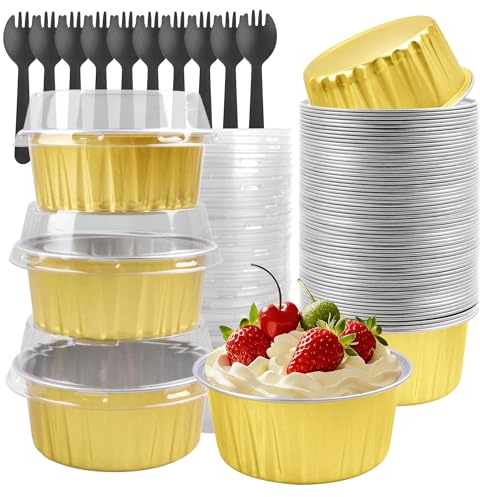 Tikxlafe 50 Pack 5oz Round Disposable Aluminum Foil Baking Cups, Mini Cake Pans with Lids, Muffin Tin Ramekins for Weddings & Parties-Gold