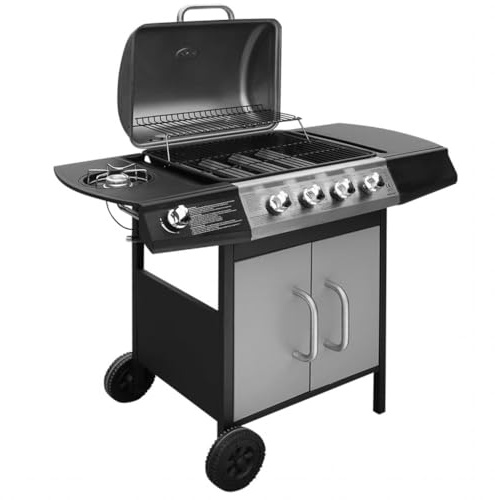 Amorsee Barbacoa a Gas con 4 Quemadores en Acero Inoxidable - Portátil con Termómetro, Rejilla y Ruedas en Carrito Negro y Plateado