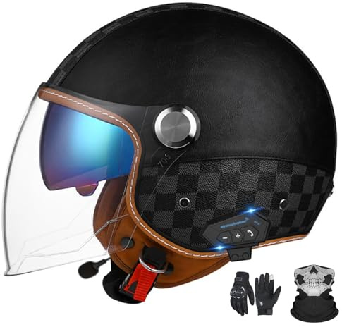 GNIUBBDB Casco Jet Bluetooth Certificazione ECE Casco Pelle per Adulti Casco Scooter Casco Jet Uomo Donna con Doppia Visiera Parasole A-1, XL (60-62 cm)