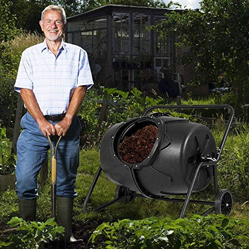 Fast Composting 360° Rotating Compost Tumbler Bin with Steel Stand - Large Yard Waste Bins for Garden with Vent Holes - Efficient Garden Composter Bin