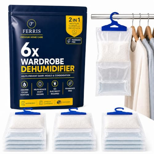 FERRIS 6 Pack Hanging Wardrobe Dehumidifiers, Moisture Absorber Bags | Hanging moisture absorbers for wardrobes, cupboards, caravans and storage spaces to help reduce excess humidity and damp.
