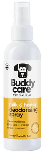 Buddycare hunddeodorantspray – deodorantspray för hundar – med aloe vera och Pro-vitamin B5 (mjölk och honung, 200 ml)