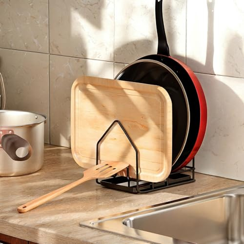 PAVSTINE Topfdeckelhalter mit Abtropfschale, Deckelhalter Schublade, Löffelablage Küche Organizer für Topfdeckel von 16-34cm, Schneidebrett Aufbewahrung für Küche, Pot Lid Holder, Schwarz