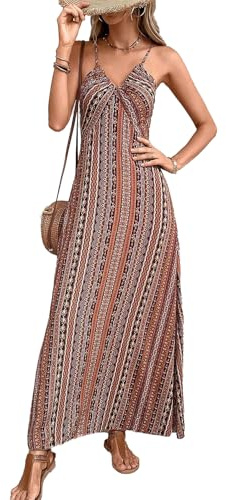 JENJON Donna Vestiti Scollo a V Elegante Senza Mance Stile Etnico Abito Bohème Casual Maxi Vestiti da Spiaggia Primavera Estate