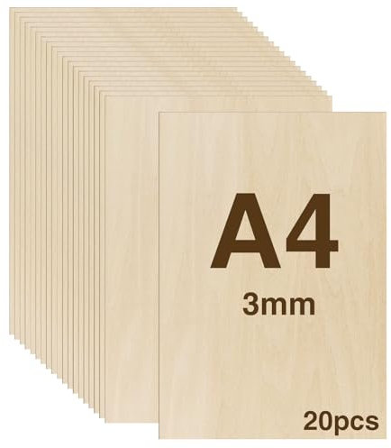 WISYOK Lot de 20 plaques de contreplaqué de 3 mm - Format A4 - Plaques en bois pour le bricolage - Pour le travail du bois, le travail du laser, la pyrogravure, le modélisme, les cadeaux, la