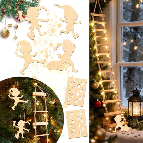 Wichtel Strickleiter, 6 Stück Wichtelzubehör Holz Weihnachtsbaum Hängedeko Wichtelschablone Fußabdrücke, Miniatur Strickleiter Wichtel Schablone