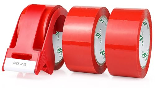 BOMEI PACK Ruban d’emballage 66m x 48mm pour emballage -3 rouleaux avec dévidoir,impression adhésif fort pour colis, entrepôt, e-commerce (Rouge)