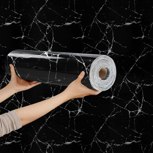 Baketron Marmor Tapete Schwarz Mamorfolie Selbstklebend Marmortapeten Wand Klebefolie Marmoroptik Glatt Küchentapete - Wandpaneele Küche Wanddeko Schlafzimmer Wohnzimmer Badezimmer 40cm x 300cm