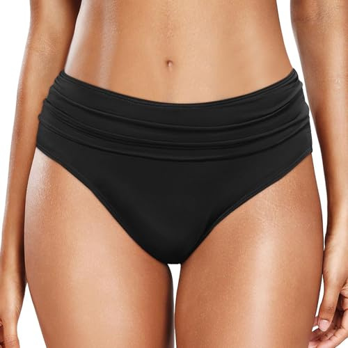 Generisch Bikinihose Damen Bauchweg Badehose Retro High Waist Ruched Bikini Hose Klassisch Bequemer Bikinis Unterteil für Frauen Strand Schwimmbad (01-Black, L)