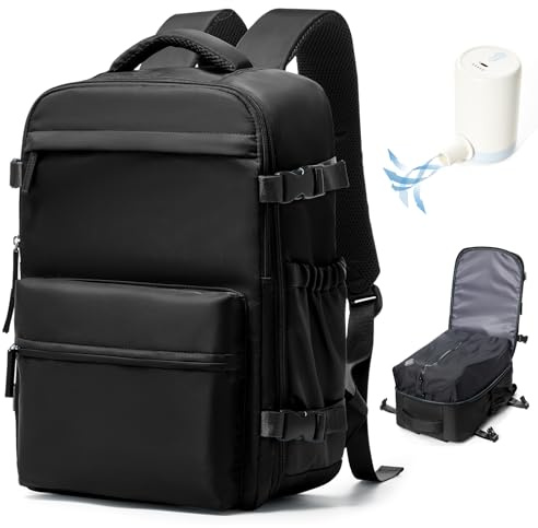 VENATIN Mochila al Vacío con Bomba,Mochila Viaje Cabina avion 40x20x25,Equipaje de Mano de Gran Capacidad con Sistema de Vacío,Negro