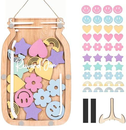 Belohnungsglas Magnetisch Belohnungssystem Kinder Belohnungssystem | Grundschule Lehrerbedarf Belohnungsglas mit Holzhalter und 20 Blumen,14.5 * 21CM Belohnungsglas Klassenzimmer für Gutes