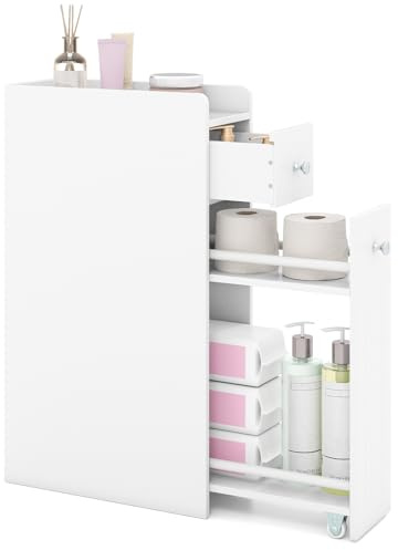 COSTWAY Slim Bathroom Floor Cabinet, Narrow Bathroom Storage Unit with Slide Out Drawers on Wheels, Wooden Freestanding Compact Cupboard Toilet Paper Organiser for Small Spaces (White)