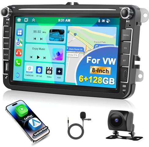 Motorsi 6GB+128GB Radio de Coche para VW Golf 5 6 Tiguan Touran Passat Polo Skoda Seat con Carplay Android Auto,Autoradio con GPS WiFi Bluetooth EQ RDS/FM Radio SWC CANBUS + Cámara Visión Trasera