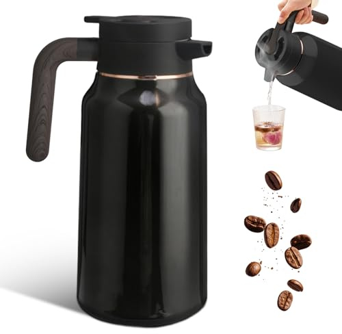 Pichet Isotherme 2L, Cafetière Isotherme en Acier Inoxydable 304, Thermos Café, Tasse Isotherme avec Poignée en Bois, Cafetière à Revêtement pour Le Café Au Thé Chaud Et Froid, Cuisine, Bureau, Hôtel