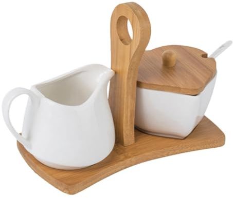 SEWACC Set Zuccheriera in Ceramica Bianca con Lattiera e Cucchiaio Contenitori per Latte e Condimenti con Manico in Legno Resistenti a Forno Microonde e Lavastoviglie per Uso