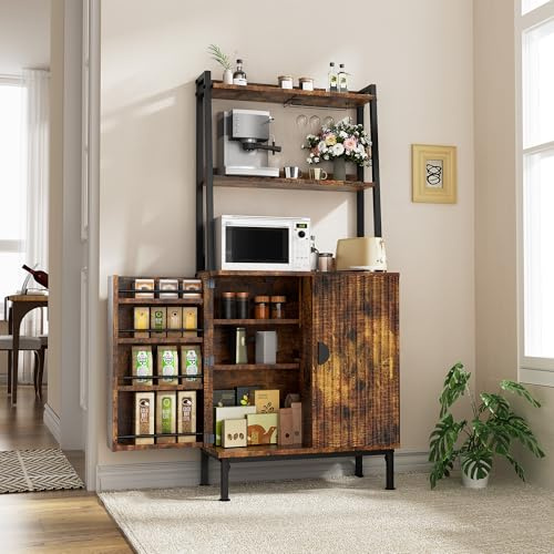 58” Pantry Cabinets with Microwave Shelves, Small Kitchen Pantry Storage Cabinet with Adjustable Shelves, Freestanding Buffet Cupboards Sideboard for Kitchen, Dining Living Room Use (Rustic Brown)