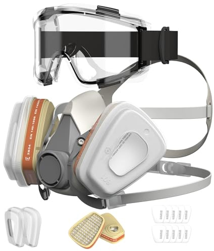 AIMAX Masque de Protection avec Filtre A1P2, Anti Poussière et Gaz, avec Lunettes, Respiratoire Réutilisable pour Peinture, Ponçage, Pulvérisation, Ensemble Complet avec Filtres de Rechange (Lot de 2)