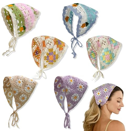 YinnFeen Bandana Capelli All'uncinetto, 6 Pezzi Foulard Triangolare per Capelli, Fascia Turbante Boho Elastico con Motivo Margherita Bandana Crochet Foulard Floreale Fascia per Capelli per Donna