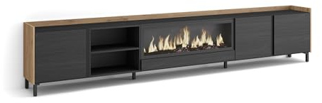 Skraut Home | Mueble TV | Muebles de salón, almacenaje | 315x61x35 cm | para televisión hasta 80 | Chimenea eléctrica XXL | Diseño Industrial | Estilo Moderno | Negro y Roble