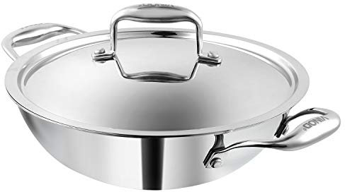 Vinod Platinum Kadai Triply Stainless Steel | Suitable for Indian Cooking, Sauces, Stews, Soups | Deep/Extra Deep Kadai with Lid | Induction, Electric Friendly (Deep Kadai, 26cm)