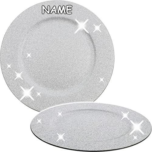 alles-meine.de GmbH 4 Stück Teller/Platzteller Glitzer - Silber Ø 33 cm - inkl. Name - großer Unterteller/Plätzchenteller - Weihnachtsteller rund flach - Dekoteller - ..