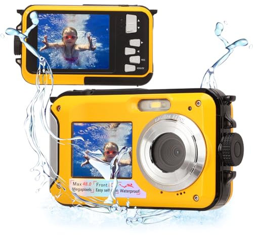 Appareil Photo Numérique étanche, Full HD 2.7K 48MP 10ft étanche Appareil Photo Numérique sous-Marin, Zoom Numérique 16X Avant Arrière Double écrans étanche Appareil Photo (Jaune)